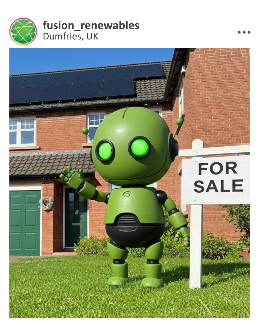 Fuse the robot beside a For Sale sign outside a house with solar panels