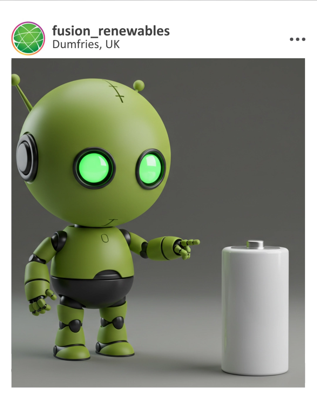 Fuse, the Fusion Renewables robot mascot, pointing at a battery